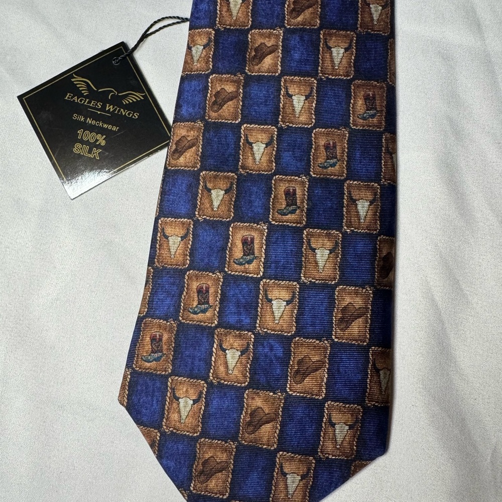 NIB 100% Silk Blue and Brown Western Texas Silk Necktie